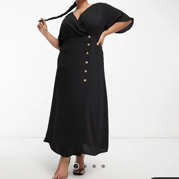 ASOS Design Curve wrap button skirt midi dress with pocket detail in Black